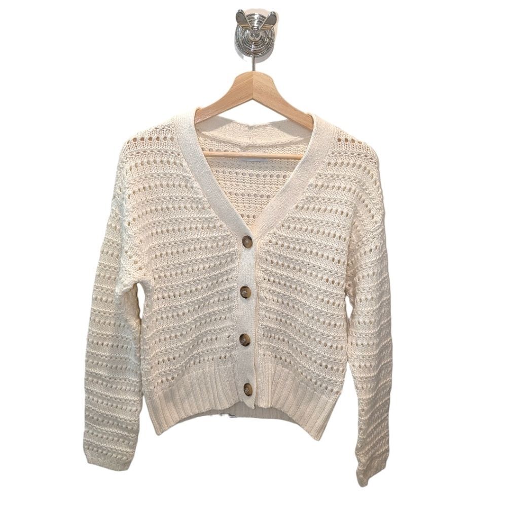 Sonoma Cream Chunky Open-Knit Cardigan Sweater Cropped Button Front XS Spring